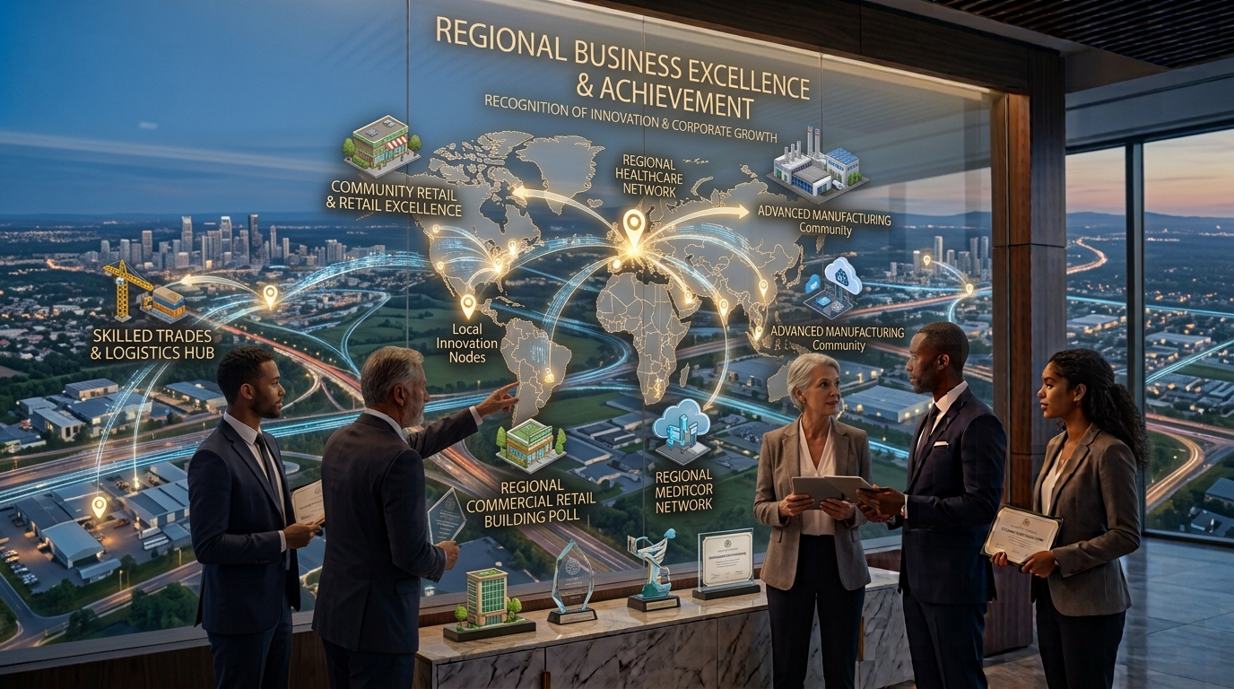 Regional business awards and business recognition concept representing companies competing across states, provinces, and broader economic regions