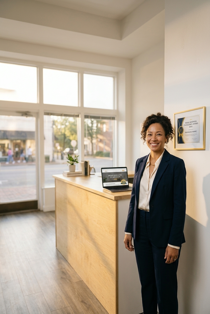 Small business owner in a modern office with a framed business excellence award certificate, representing why business awards matter for customer trust and credibility
